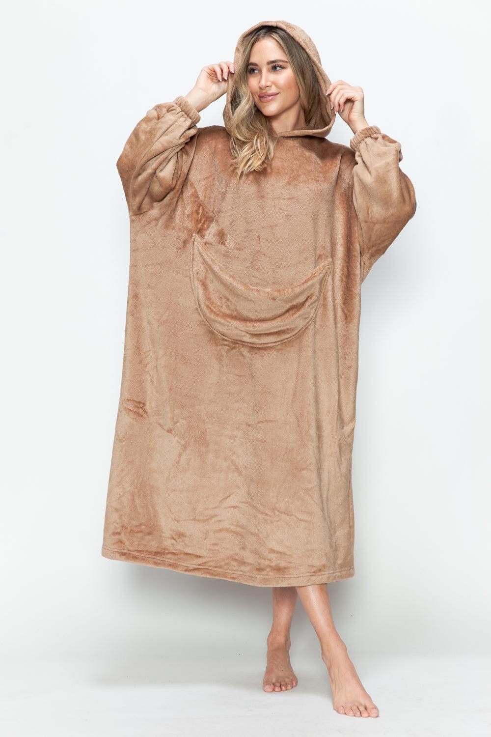 Double Take Full Size Pocketed Hooded Midi Lounge Dress Mocha