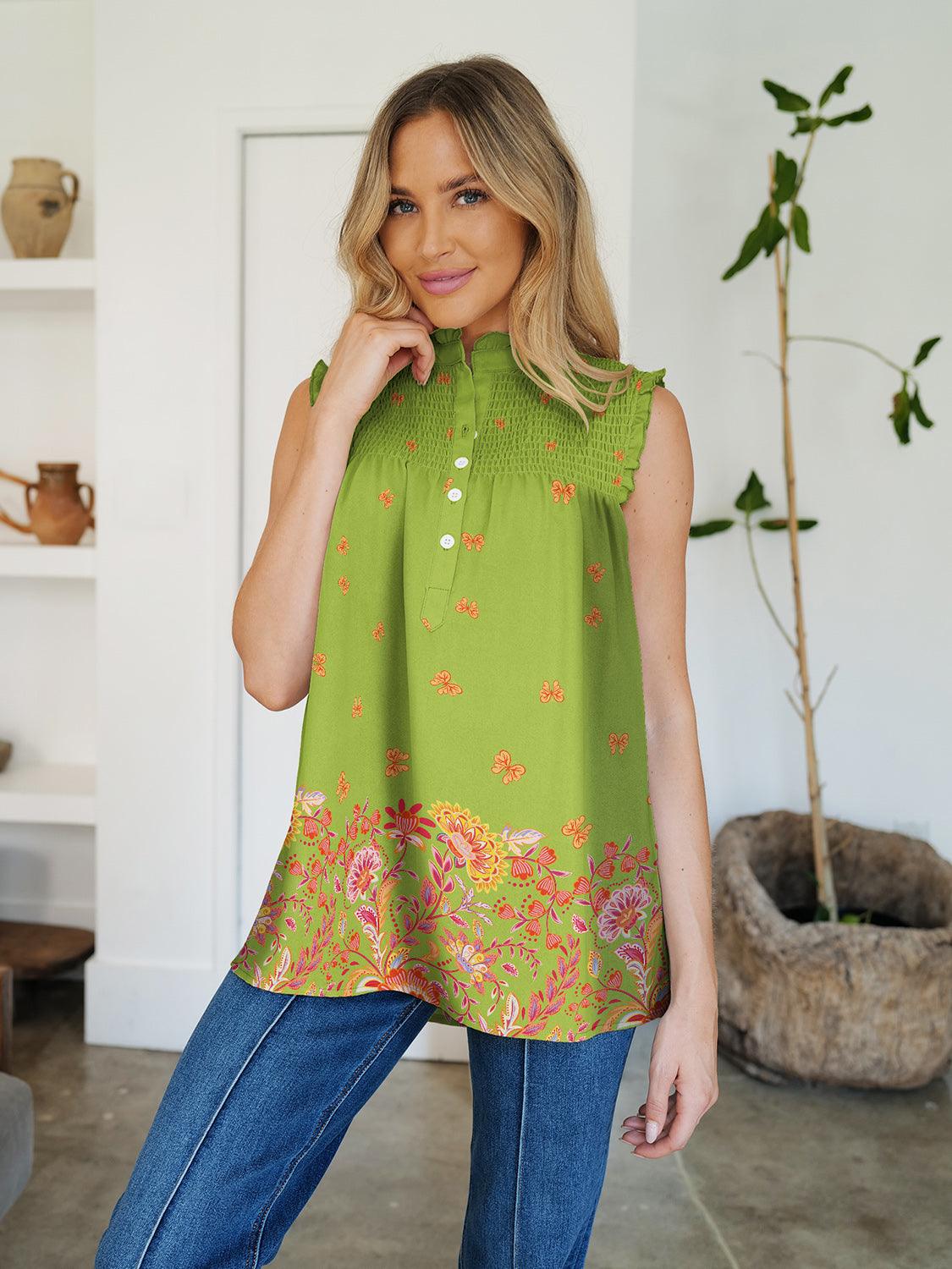 FAM-FAM Frill Printed Mock Neck Top Lime