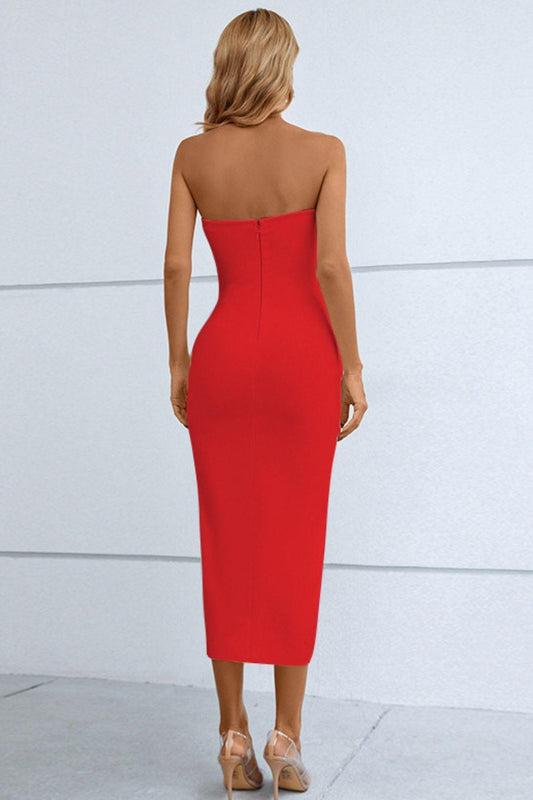 Cutout Strapless Bandage Dress with Drawstring Detail and Split Design