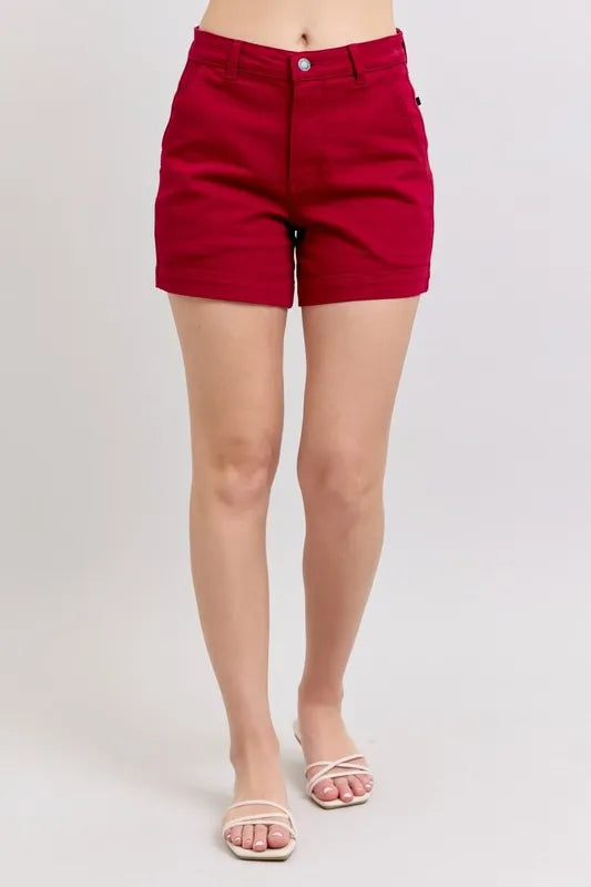 Judy Blue Full Size High Waist Tummy Control Garment Dyed Heart Shaped Denim Shorts Plus Size SCARLET