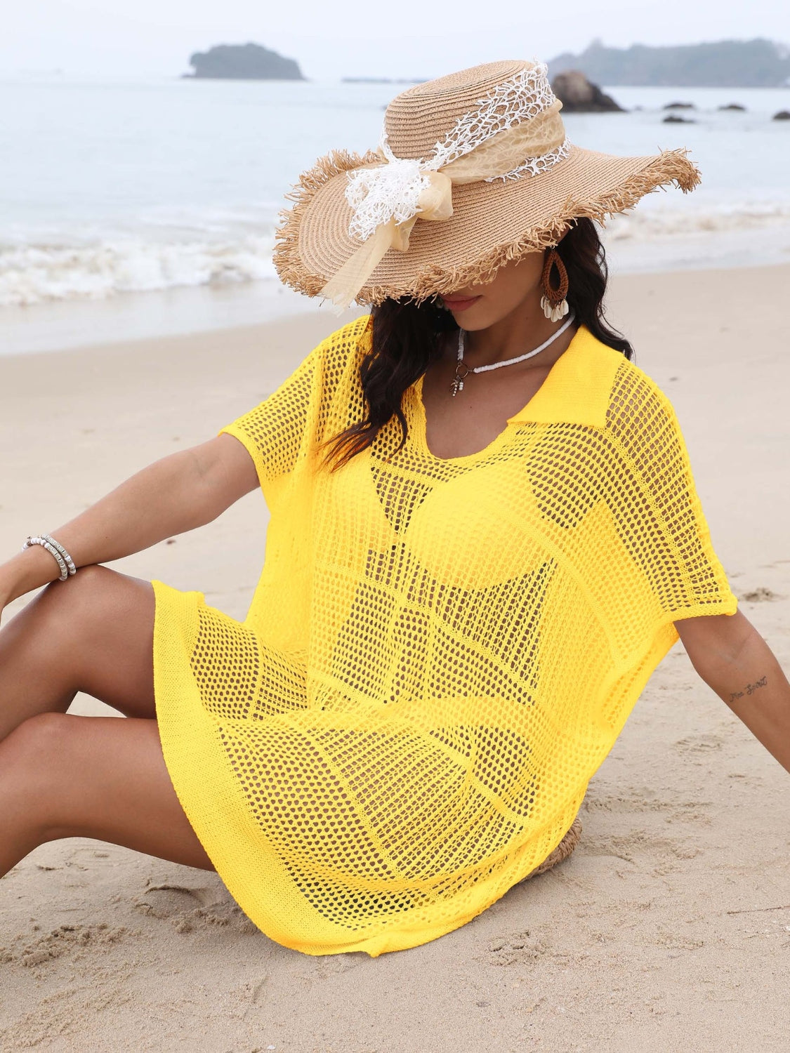 Hollow Out Collared Neck Cover-Up Yellow One Size