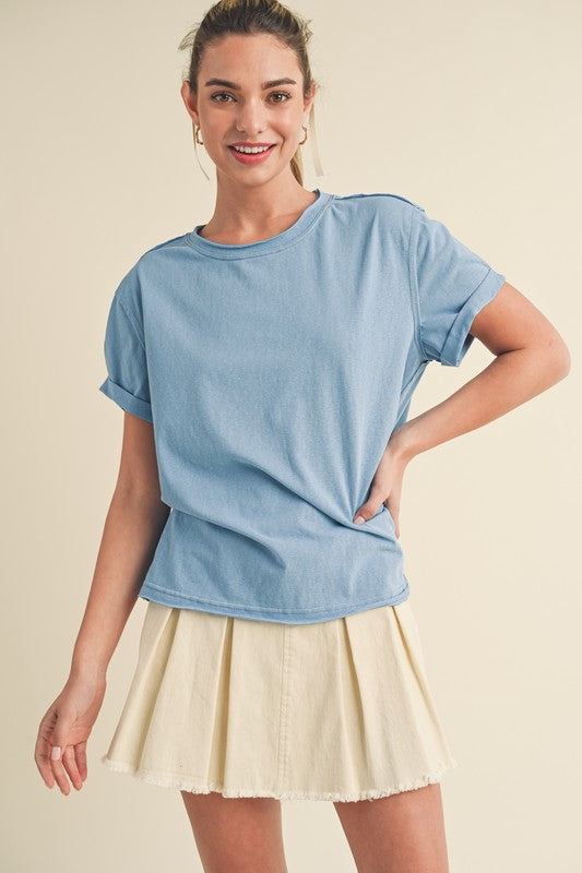 Aemi + Co Exposed Seam Round Neck Short Sleeve T-Shirt Ocean
