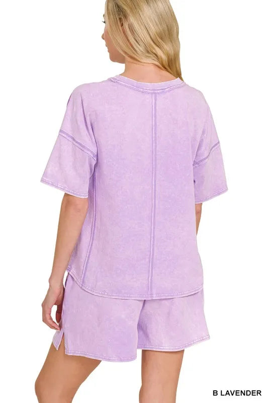 Zenana Acid Washed Short Sleeve Tee & Shorts Set