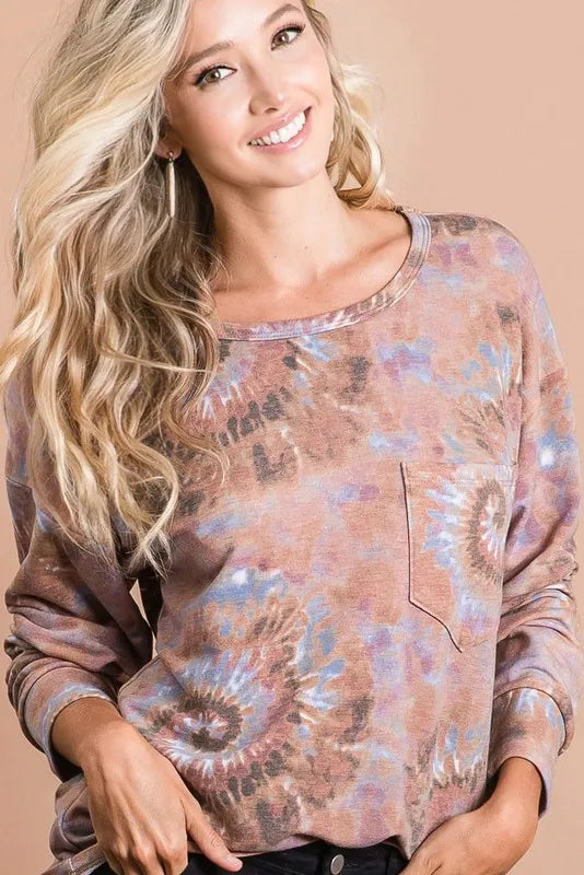 BiBi Tie Dye Print Terry Top with Front Patch Pocket