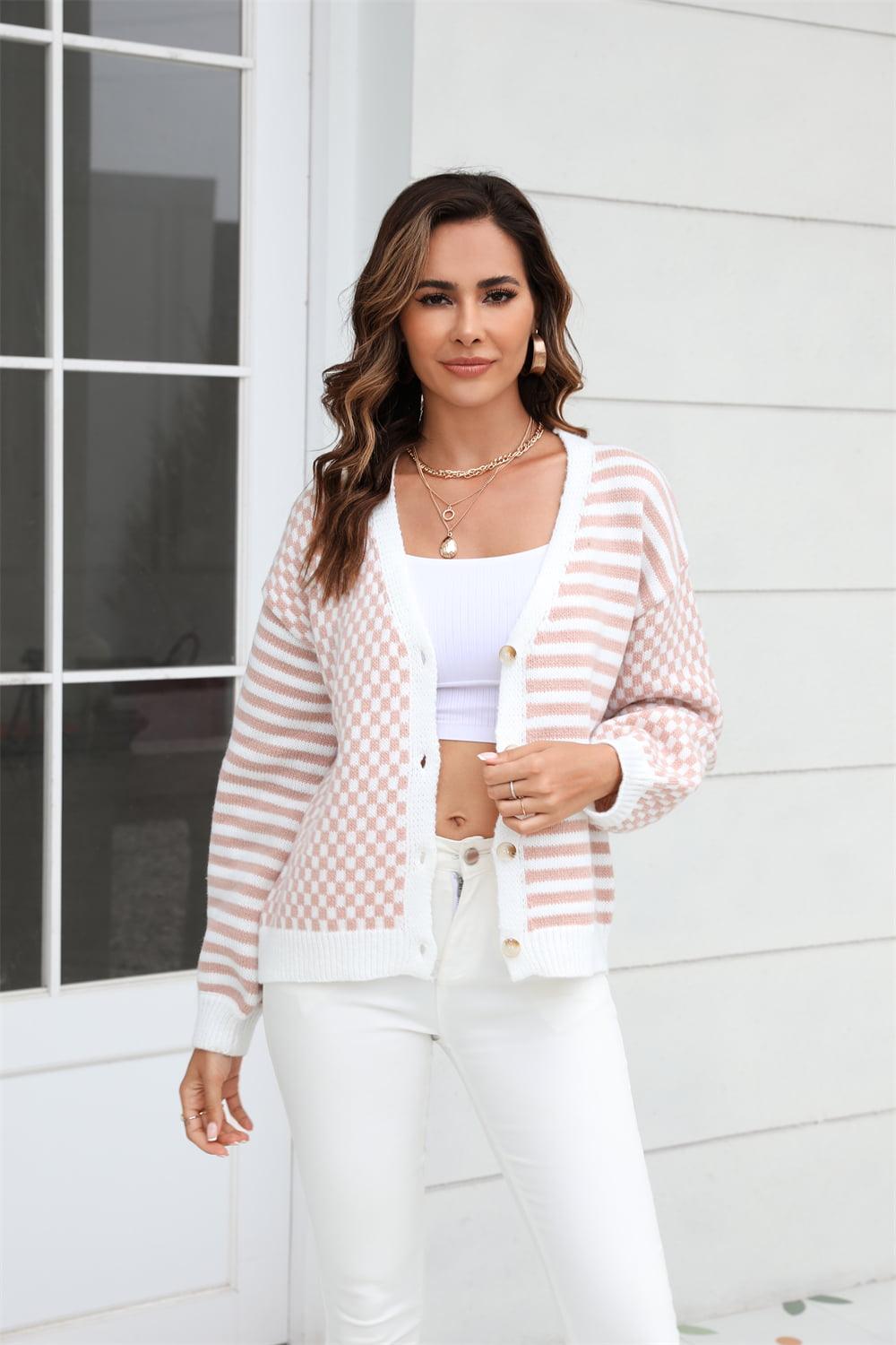 Angel Wings Button-Down Stripe & Plaid Contrast Pattern Cardigan Dusty Pink