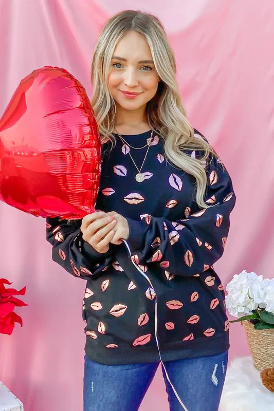 And The Why Kiss Pink Foil Allover Print Pullover Sweatshirts