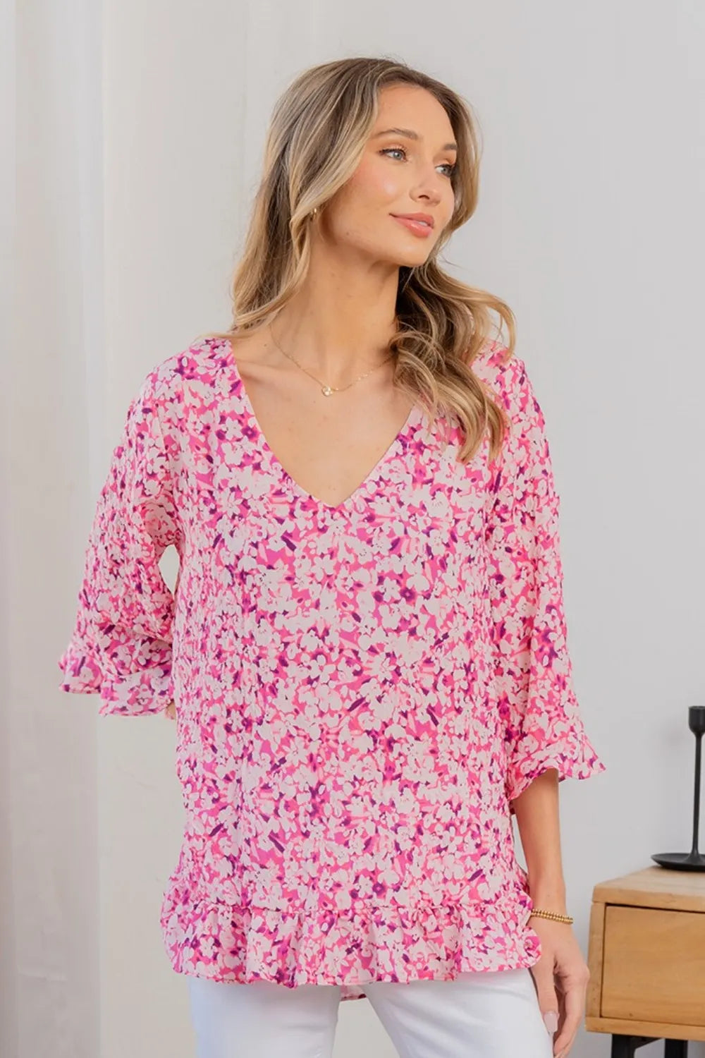 Sew In Love Full Size Floral V-Neck Flounce Sleeve Top Pink Coral