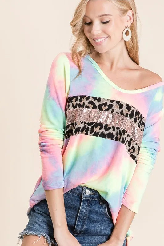 BiBi Tie Dye Deep U-neck Top with Leopard and Sequins