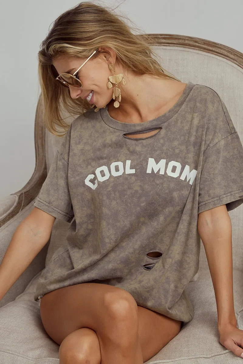 BiBi Washed Laser Cut Detail Cool Mom Print Top