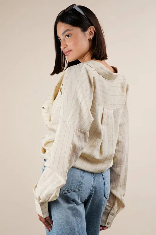 VERY J Full Size Oversized Striped Button Down Shirt Top Plus Size