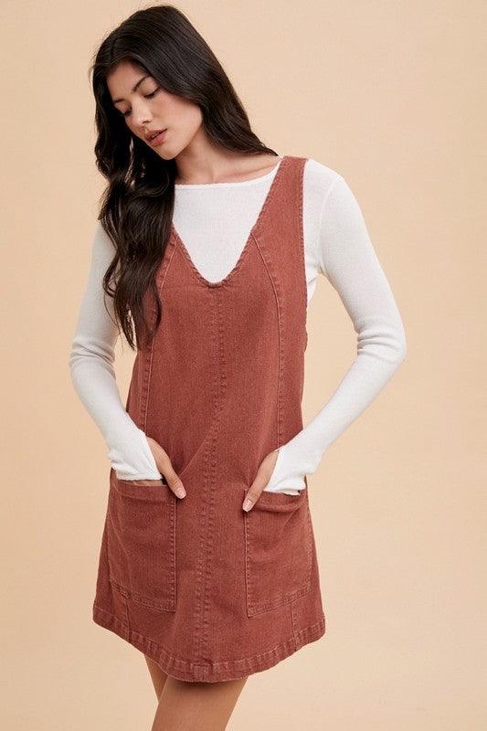 Annie Wear V-Neck Adjustable Strap Denim Overall Dress with Pockets Rust