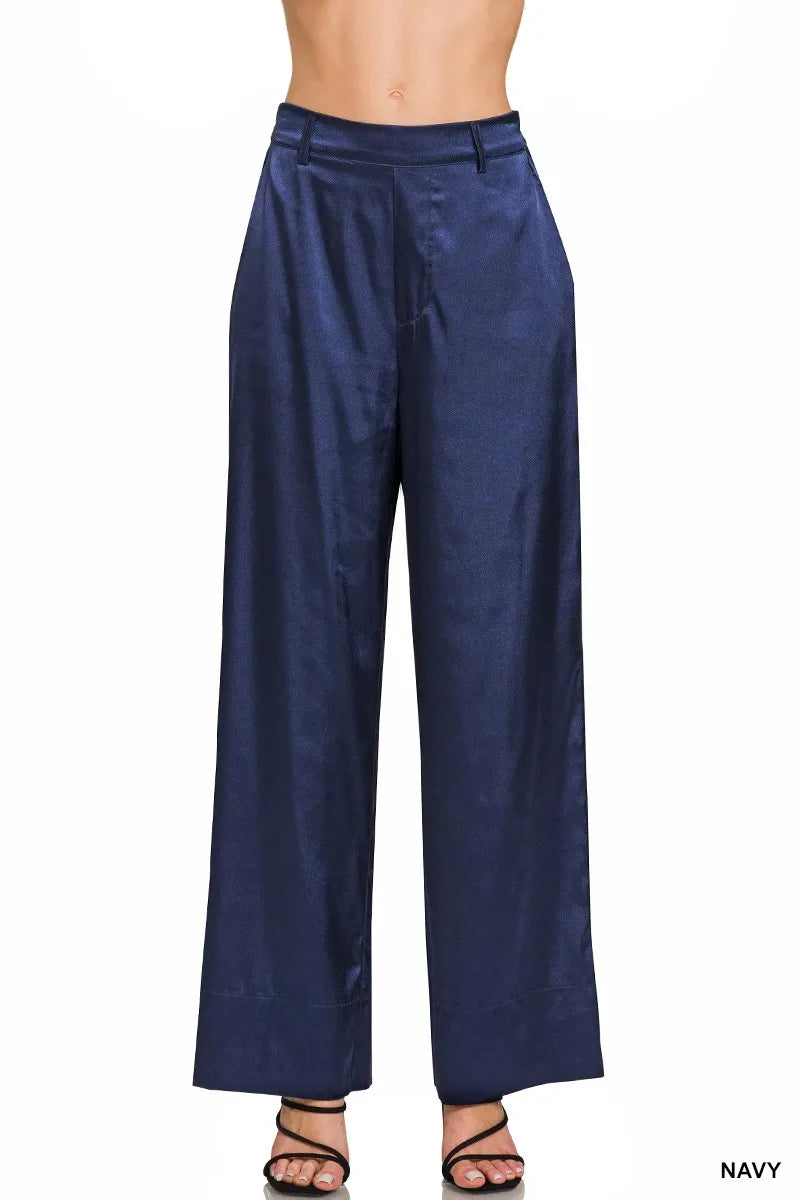 Zenana Wide-Leg Satin Pants NAVY