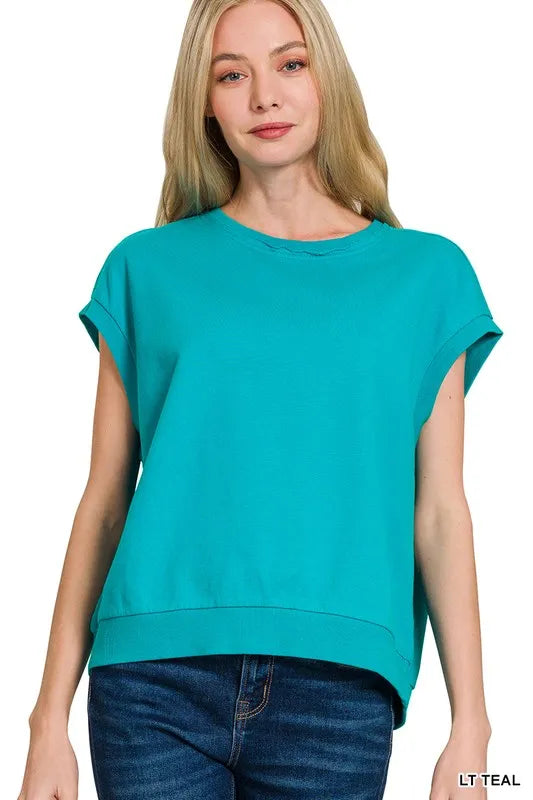 Zenana French Terry Round Neck Cap Sleeve T-Shirt LT TEAL
