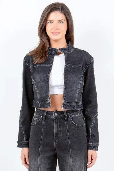 American Bazi Full Size Zip Up Cropped Denim Rider Jacket Plus Size Black