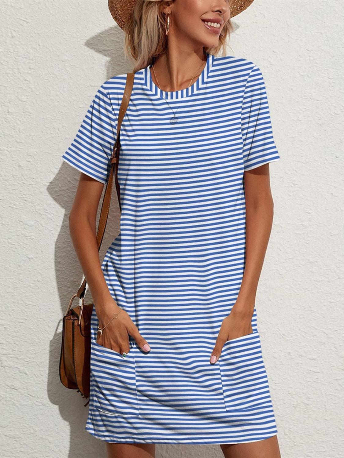 FAM-FAM Pocketed Striped Round Neck Short Sleeve Dress Blue