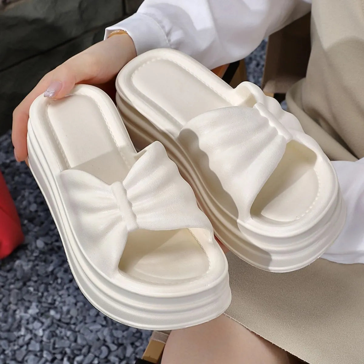 Open Toe Platform Slippers White
