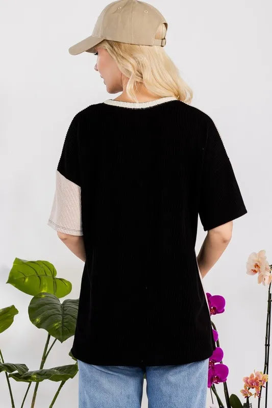 Celeste Full Size Rib Contrast Short Sleeve T-Shirt Plus SIze