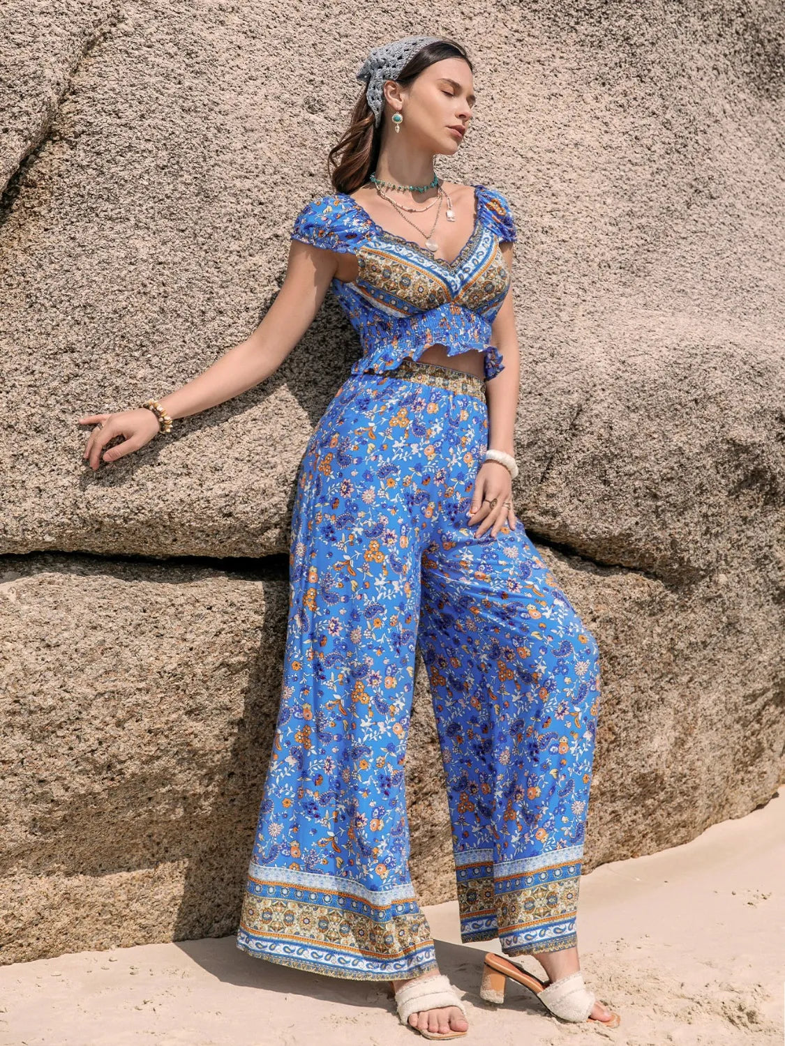 Printed V-Neck Top and Pants Set Blue