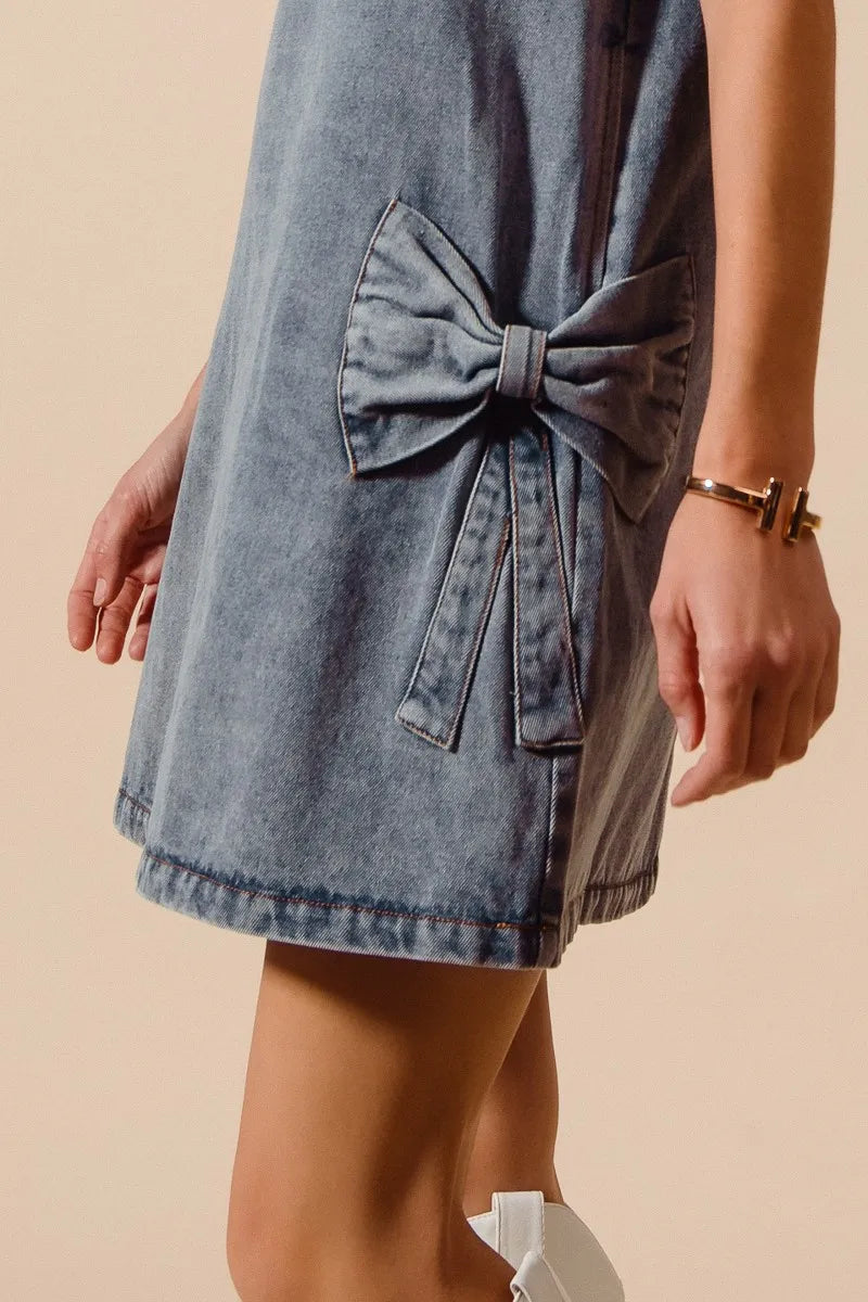 SO ME Bow Ribbon Knot Applique Denim Mini Dress