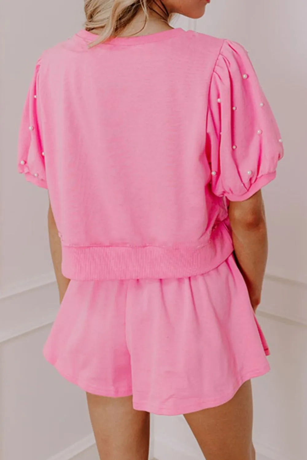 Contrast Bow Trim Pearl Puff Sleeve Blouse and Skort 2pcs Set