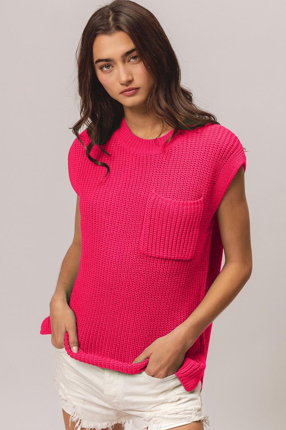 BiBi Patch Pocket Sweater Top with Cap Sleeves Fuchsia