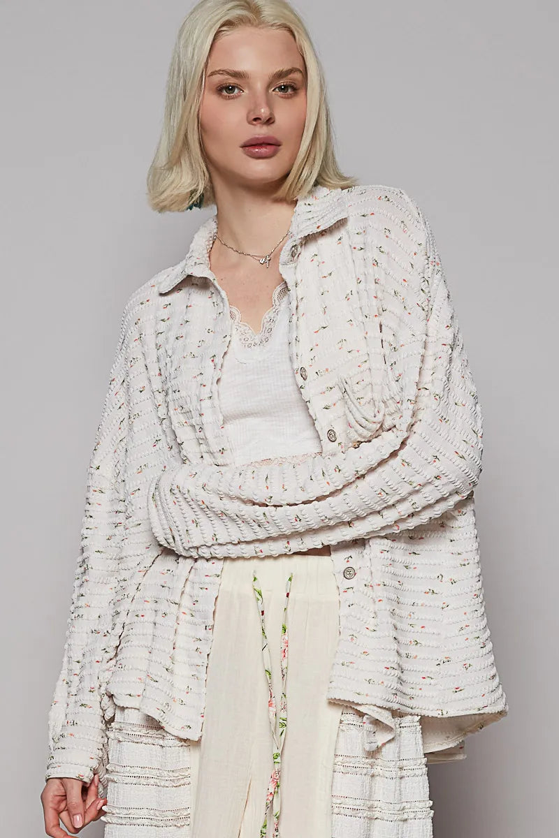 POL Floral Print Textured Button-Up Shirt