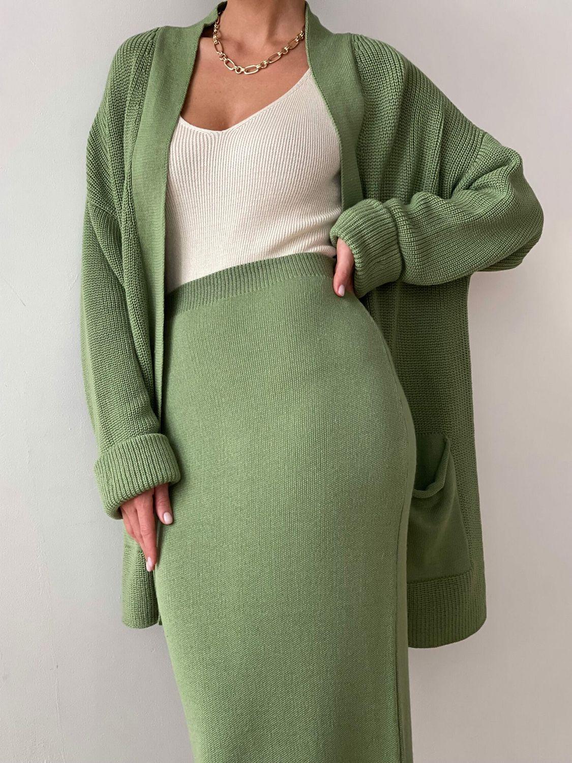 Pocketed Long Sleeve Cardigan and Skirt Sweater Set Gum Leaf One Size