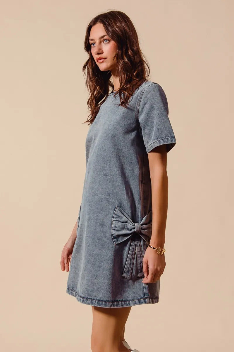 SO ME Bow Ribbon Knot Applique Denim Mini Dress