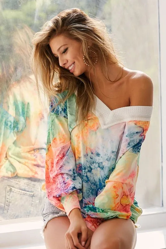 BiBi Tie Dye Soft Knit Jersey V-Neck Top