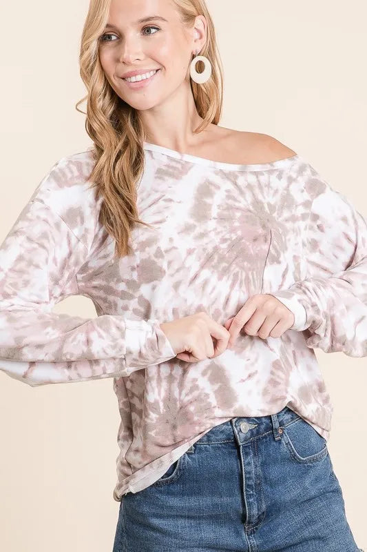 BiBi Tie Dye Print Terry Top with Front Patch Pocket