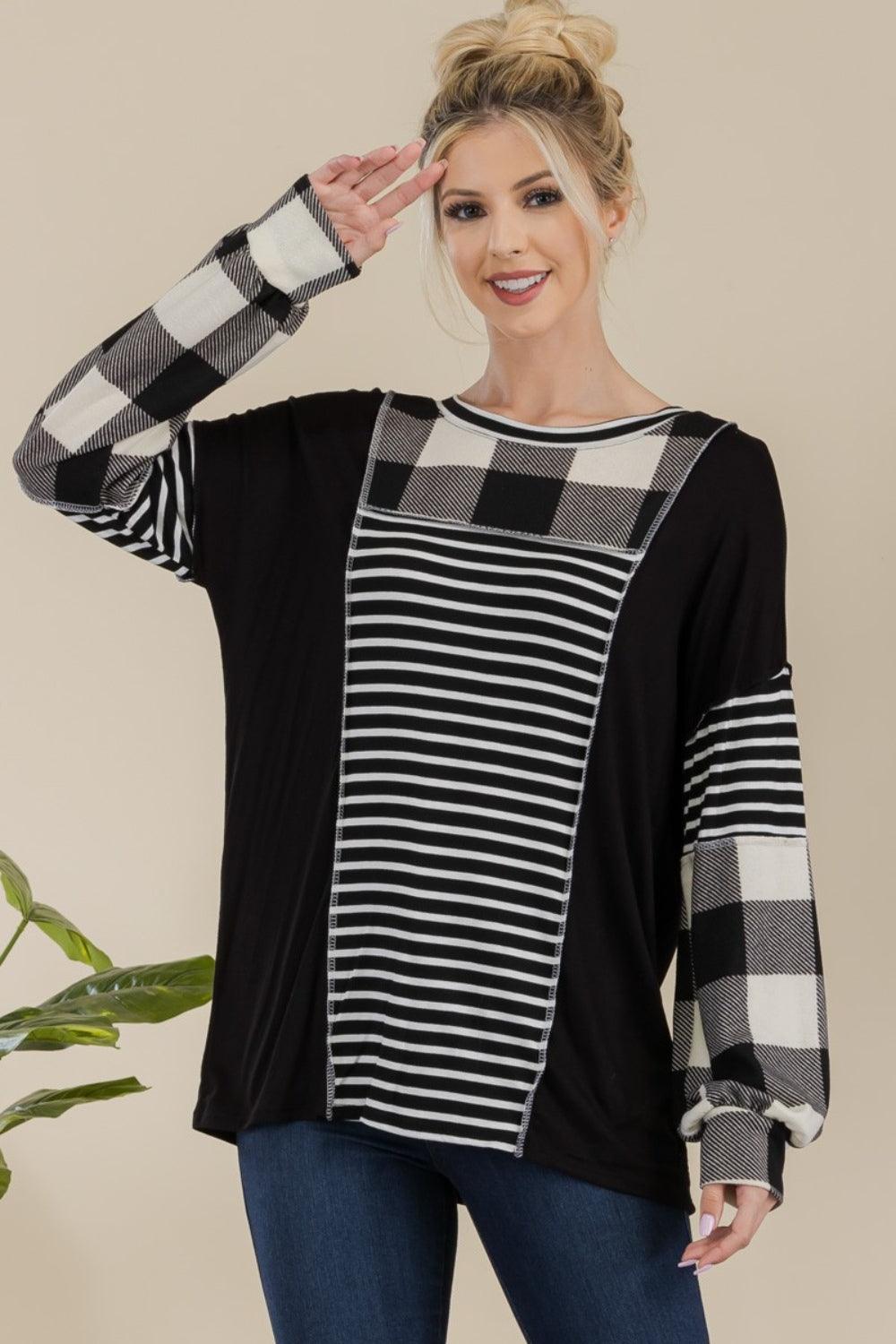 Celeste Full Size Color Block Exposed Seam T-Shirt Black White Plaid
