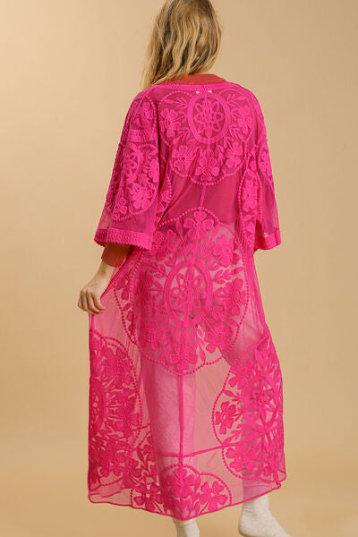 Umgee Full Size Floral Lace Open Front Long Kimono with Waist Tie Plus Size