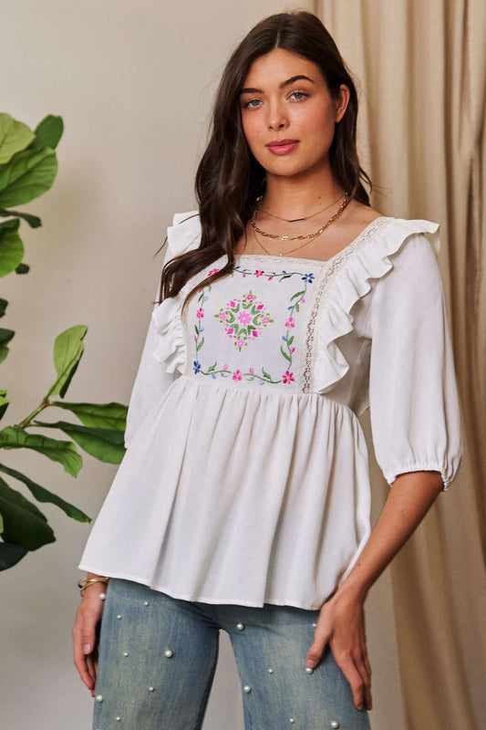 Davi & Dani Texture Tie Back Floral Embroidery Frill Blouse WHITE