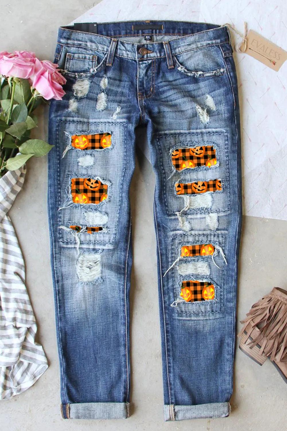 Distressed Pumpkin Pattern Jeans with Pockets Medium