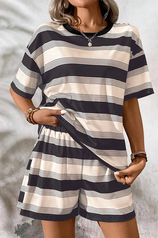 Stripe Half Sleeve T-Shirt and High Waist Pocketed Shorts Set
