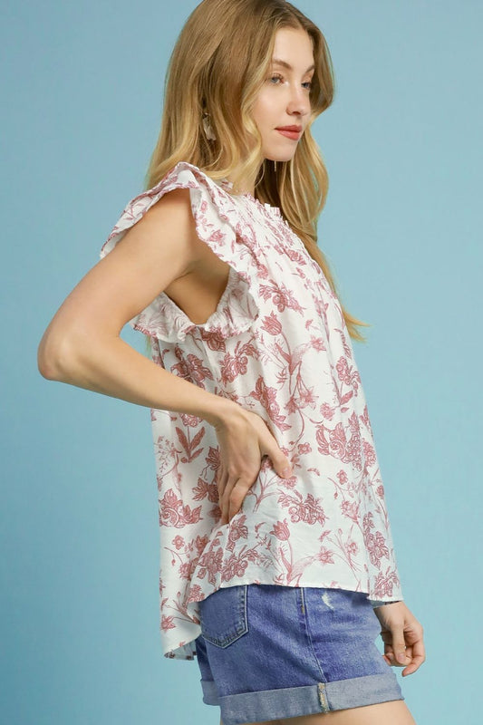 Umgee Full Size Two Tone Boxy Cut Floral Print Blouse Plus Size