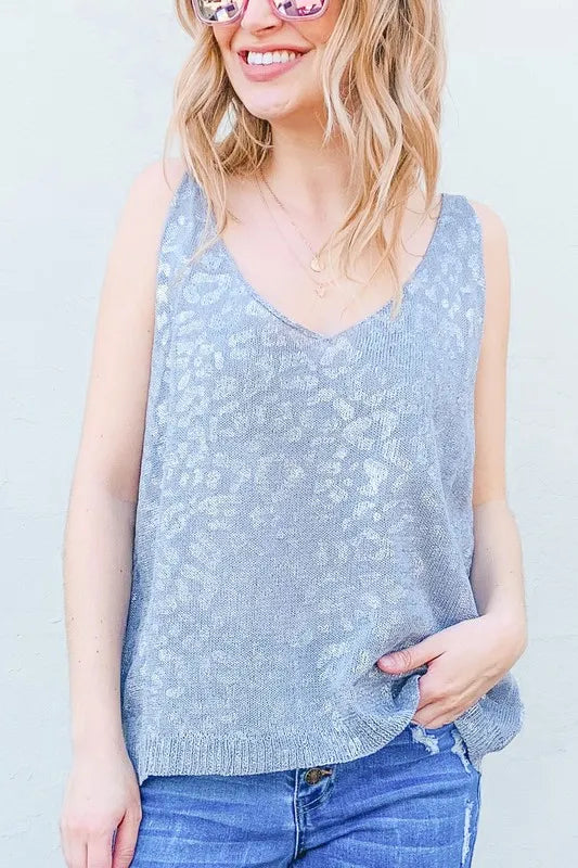 And The Why Leopard Foil Print Sleeveless Sweater Top