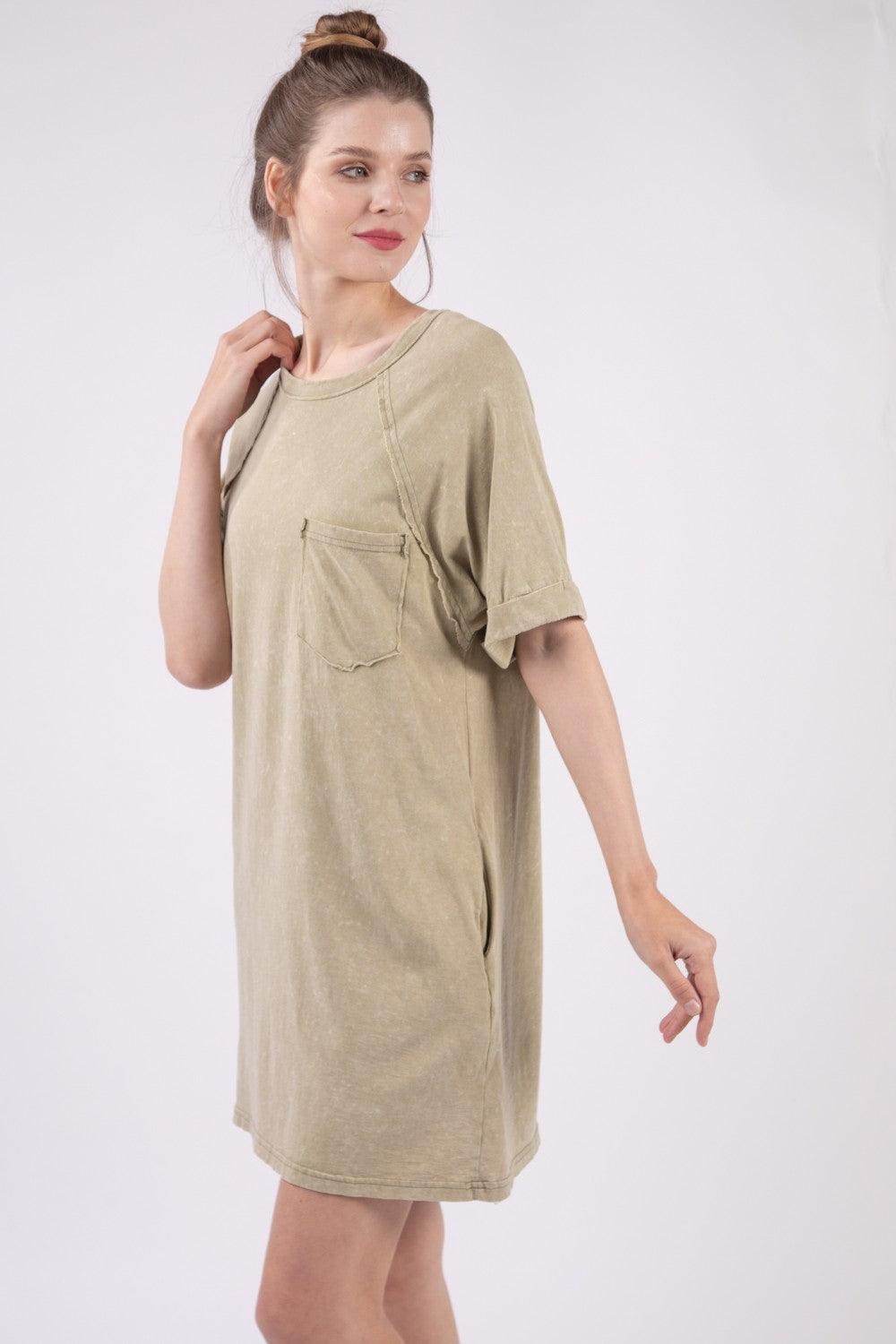 VERY J Washed Round Neck Mini Tee Dress Sage