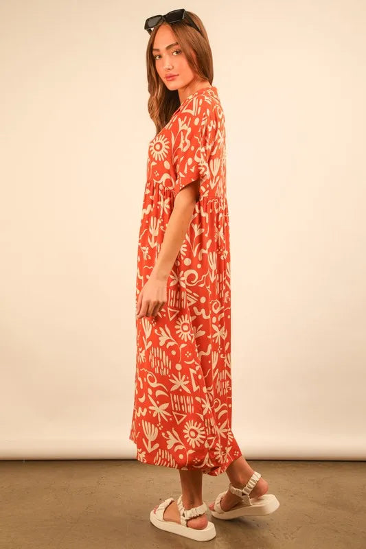 VERY J Oversized Printed Shirt Midi Dress