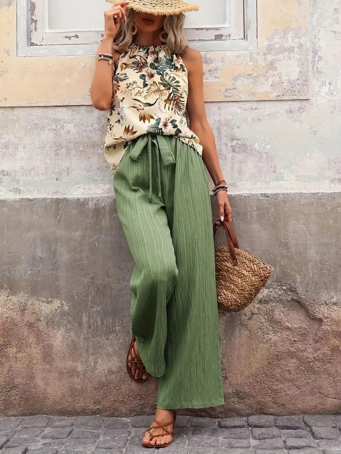Printed Tank Top and Wide Leg Pants Set Sage