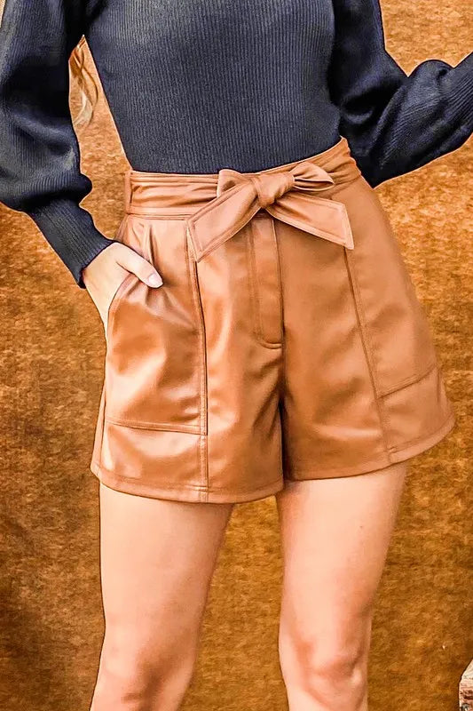 And The Why Faux Leather Shorts with Waist Ribbon CAMEL