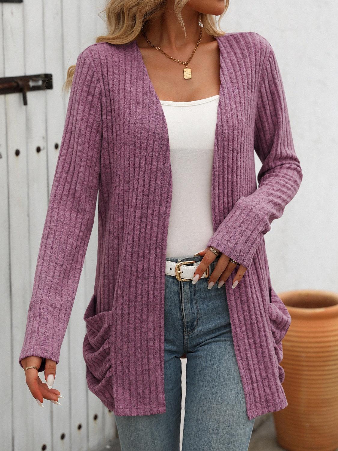 Mandy Open Front Long Sleeve Ribbed Cardigan Mauve