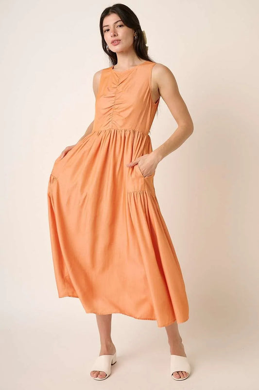Mittoshop Ruched Detail Sleeveless Midi Dress APRICOT