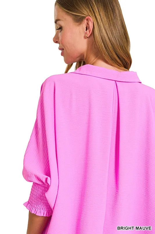 Zenana Airflow Collar Tee with Smocked Sleeve Band Top