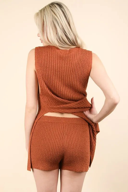 VERY J Slit Round Neck Top and Shorts Sweater Set