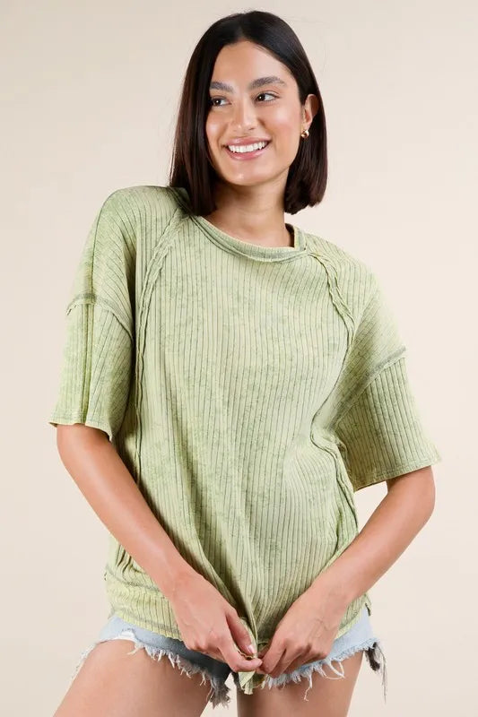 VERY J Mineral Washed Ribbed Knit Casual Top