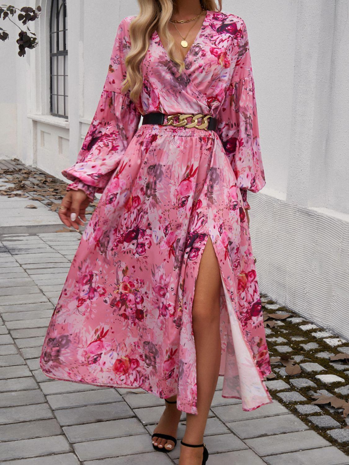 Devine Split Printed Surplice Long Sleeve Midi Dress Dusty Pink
