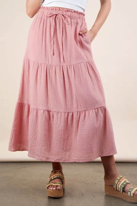 VERY J Elastic Waist Tiered Maxi Skirt Blush