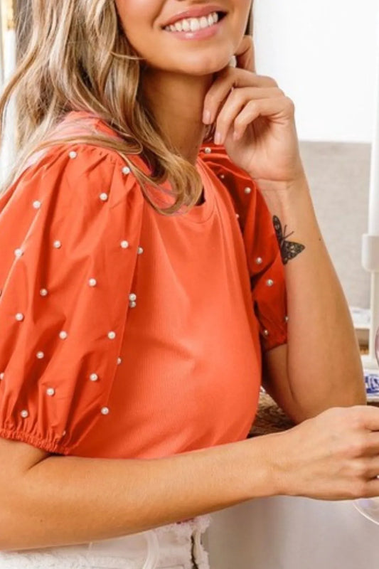 BiBi Pearl Beaded Short Puff Sleeve Top