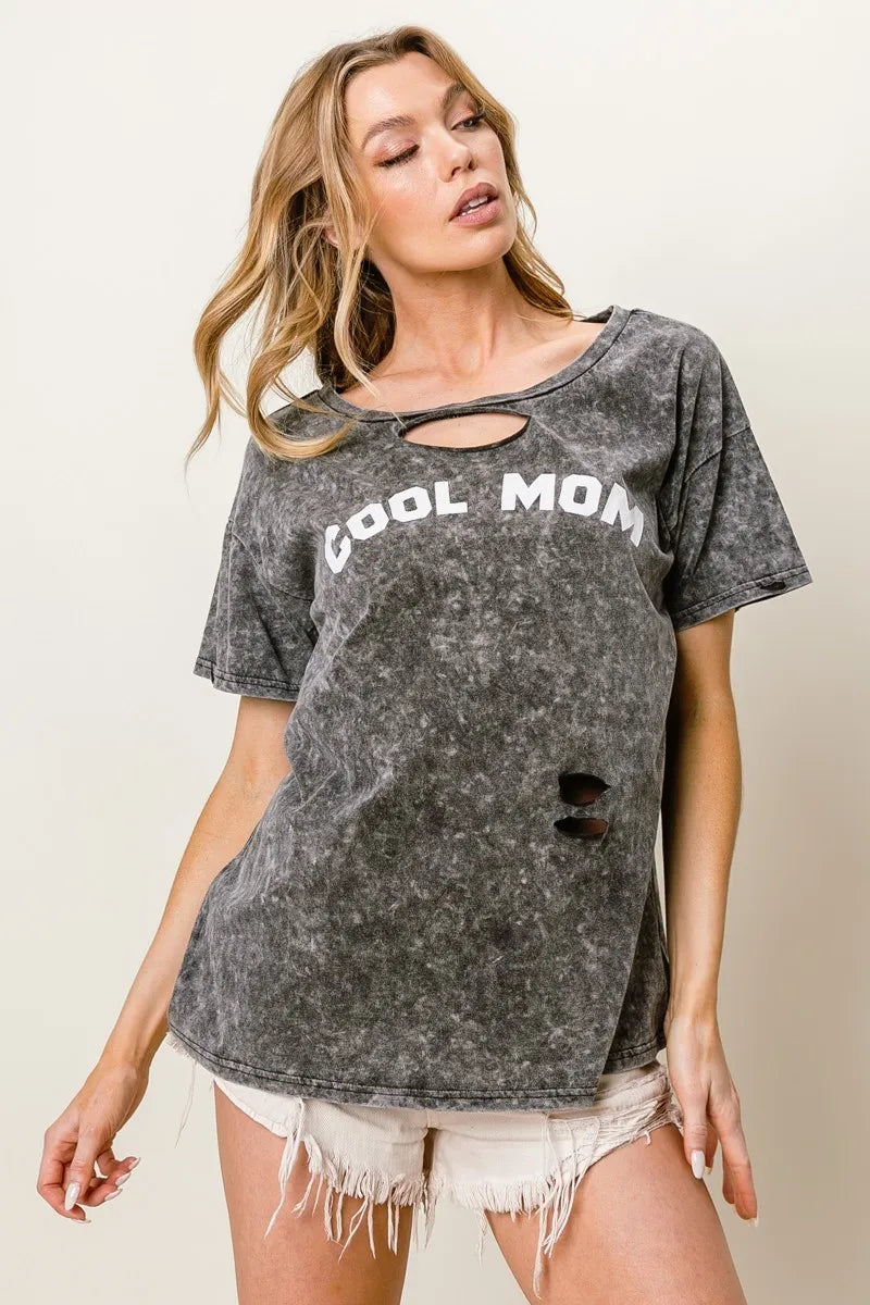 BiBi Washed Laser Cut Detail Cool Mom Print Top